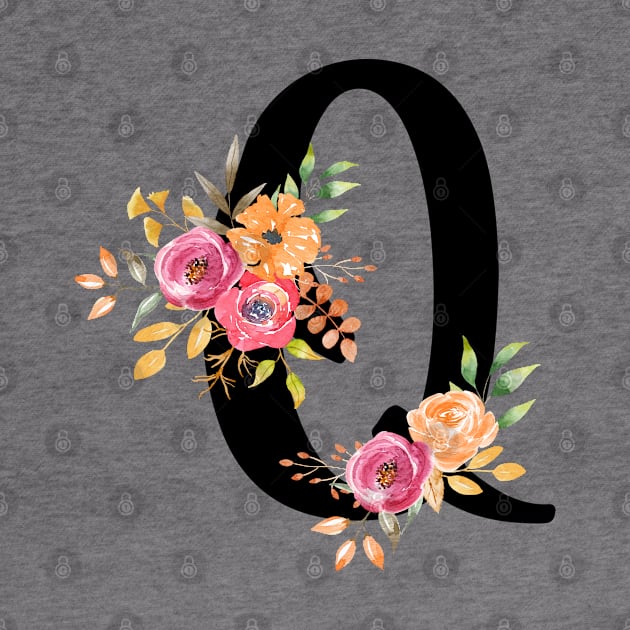 Letter Q With Watercolor Floral Wreath by NatureGlow